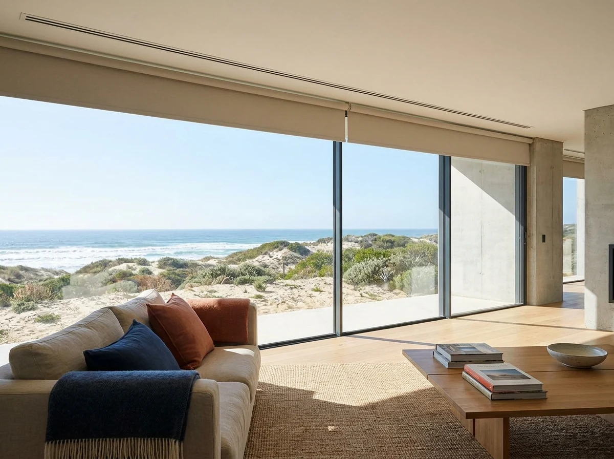 Roller blind concealed in a recessed ceiling pelmet above a glass wall in a Melkbosstrand rebuild