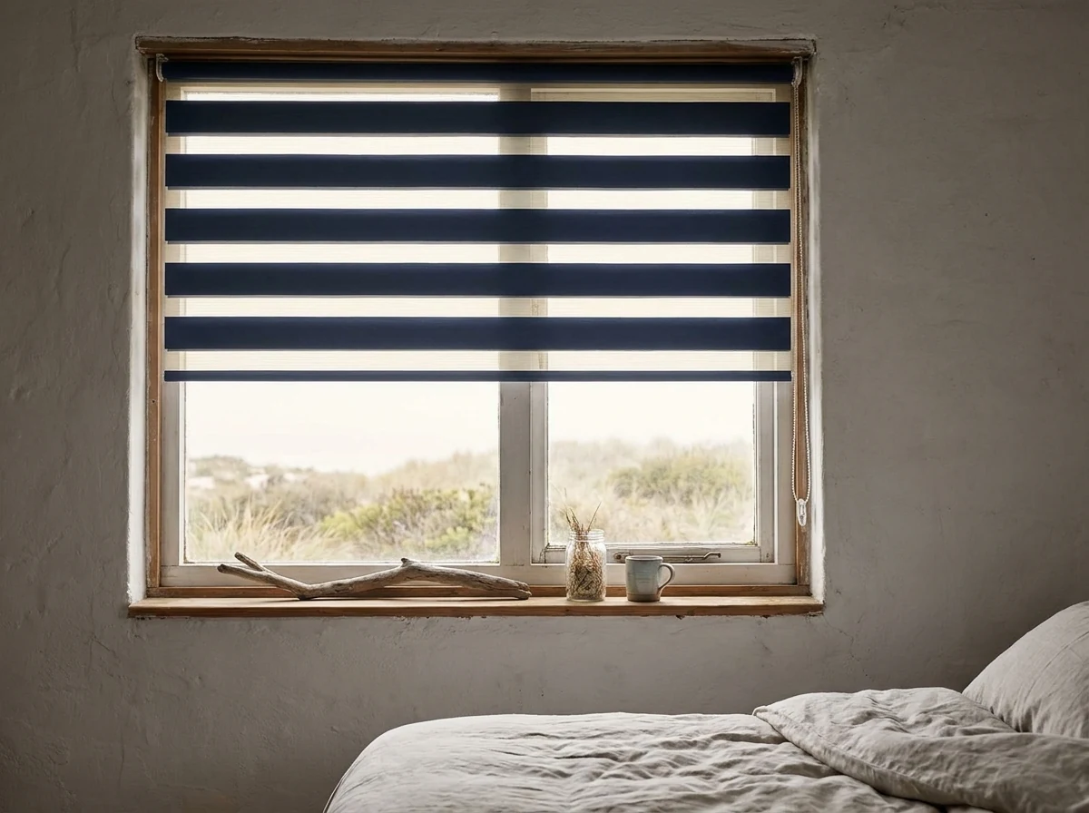 Navy and sand day-and-night banded blind on a 1950s holiday cottage bedroom window in Melkbosstrand