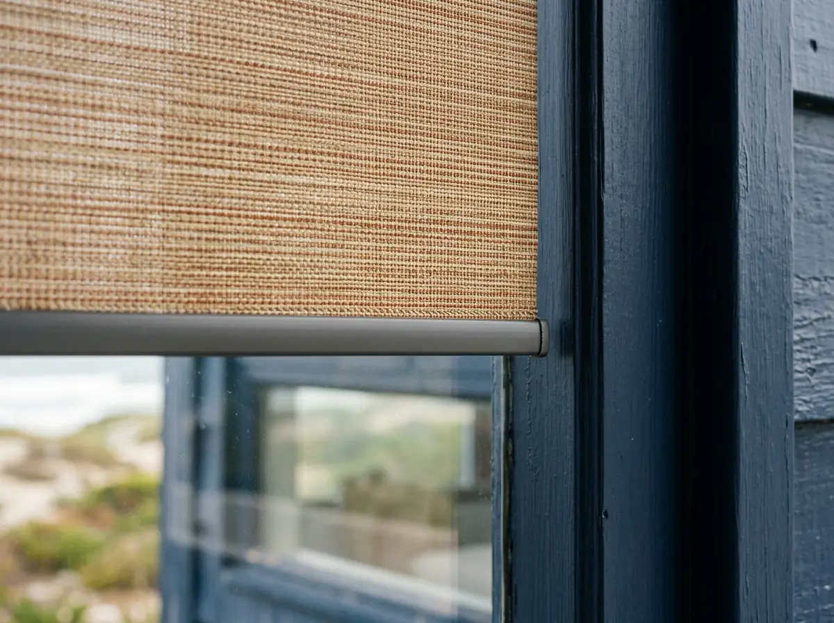 Close-up of a sand-and-rust woven sunscreen fabric roller blind with aluminium hem bar in a dark navy window frame