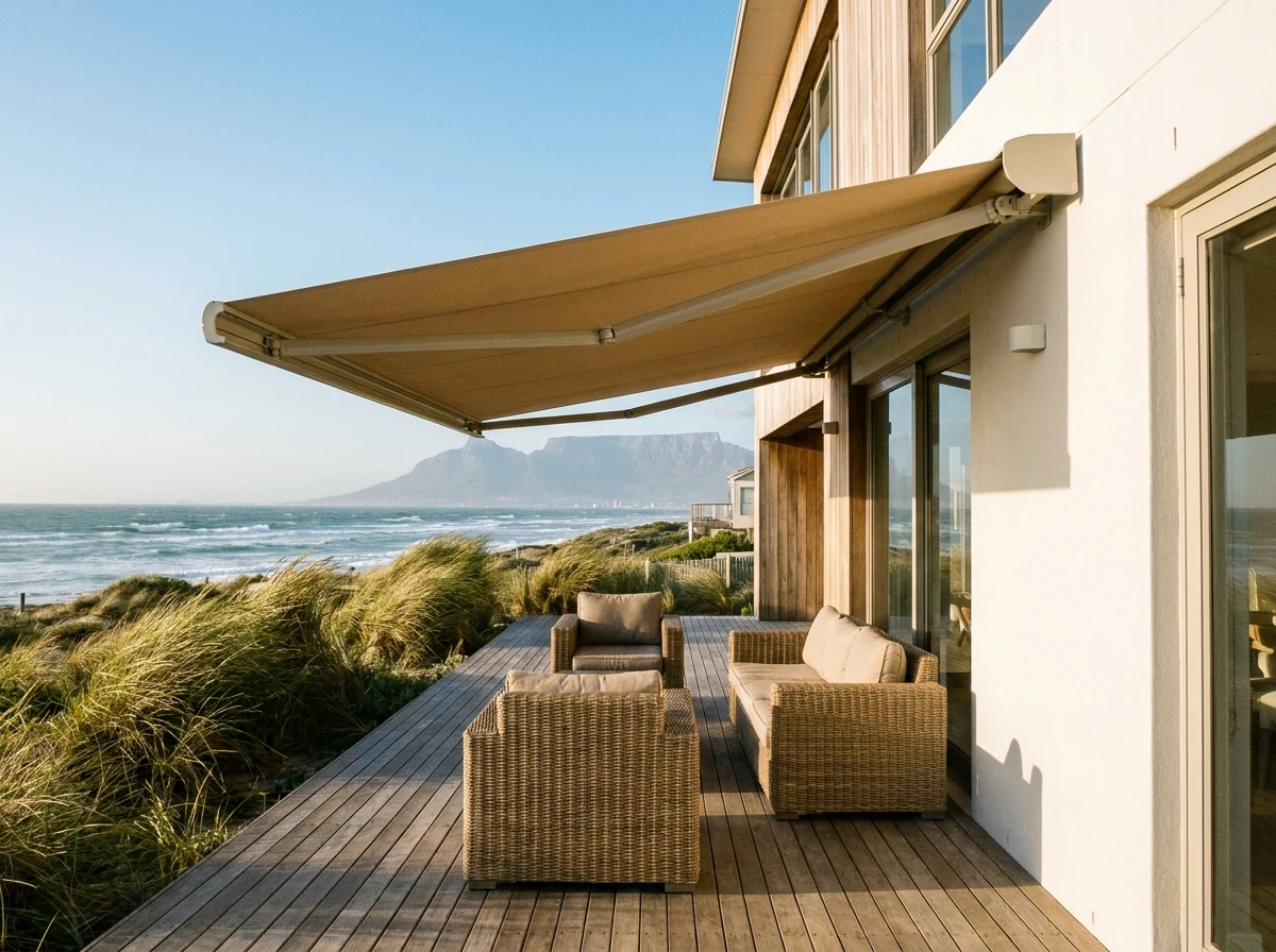 Sand-toned folding-arm awning extended over a timber deck in Melkbosstrand with Table Mountain on the horizon