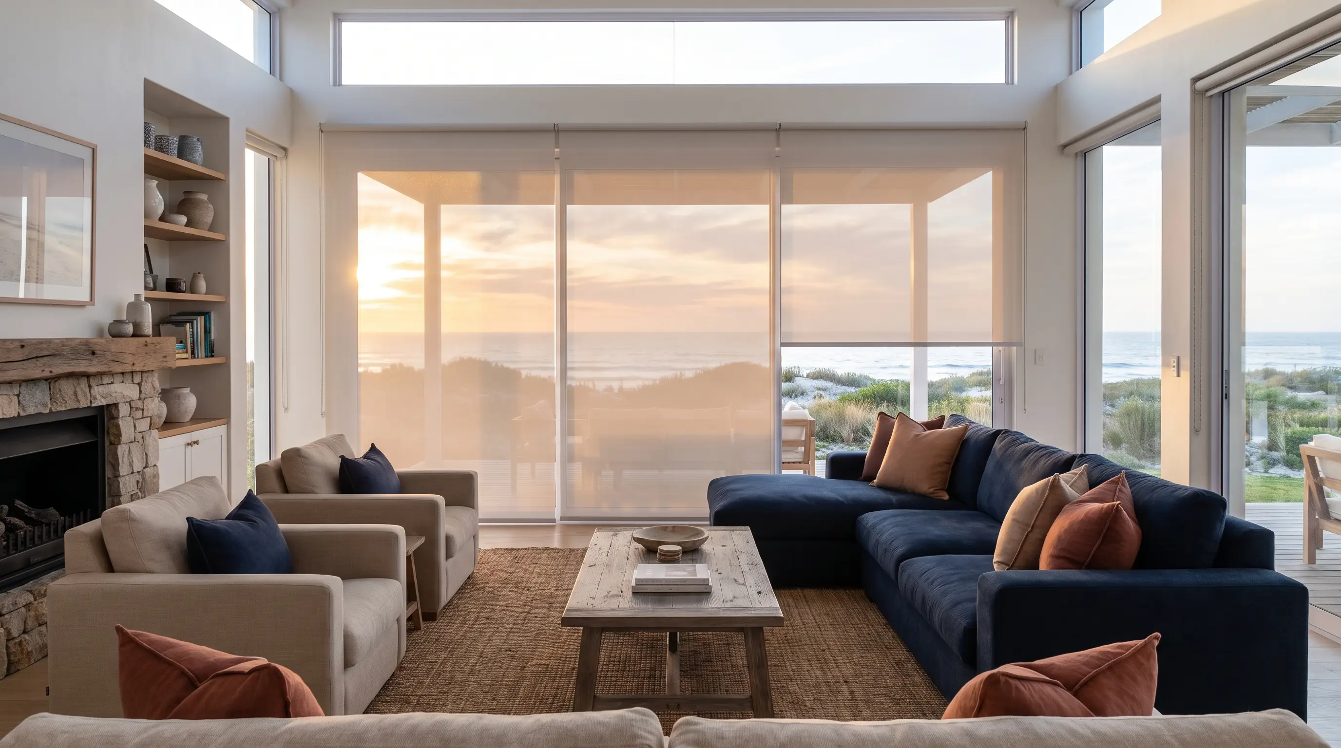 Open-plan Melkbosstrand beach house lounge with sand-tone sunscreen roller blinds lowered against floor-to-ceiling windows, sunset over the dunes and ocean, navy sofa and stone fireplace