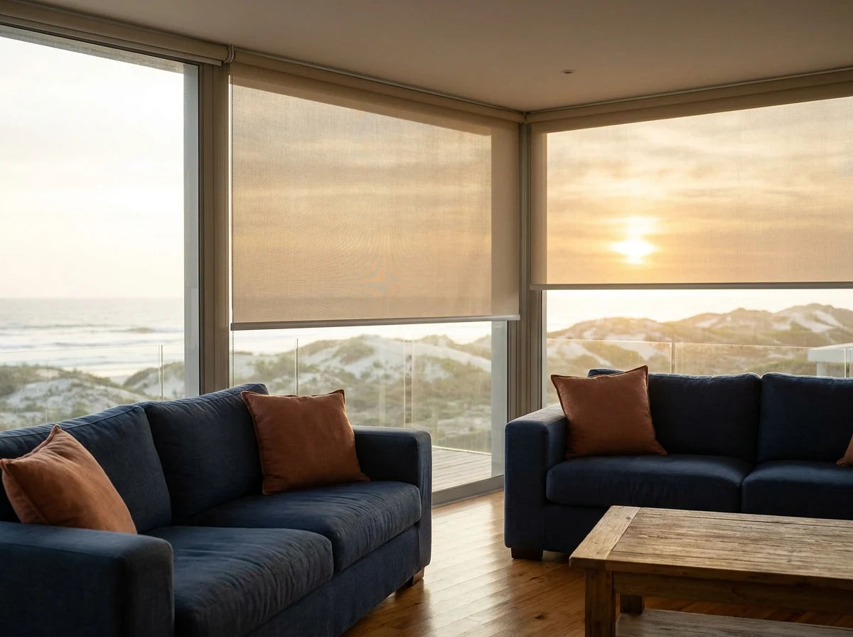 Sand-coloured sunscreen roller blind lowered against a sunset ocean view in a Melkbosstrand beach house lounge