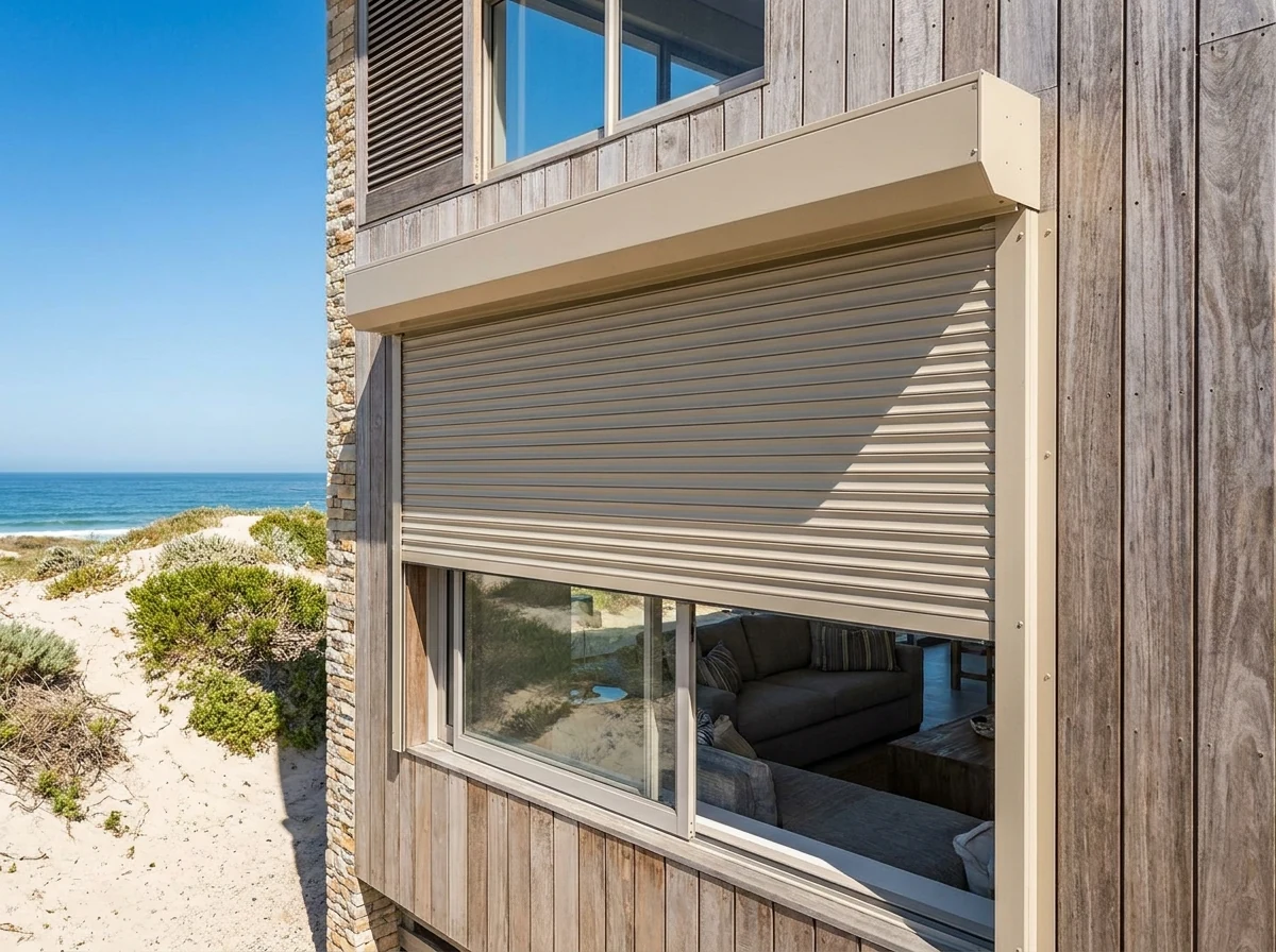 Sand-coloured aluminium roller shutter partly lowered on a Melkbosstrand beach house exterior