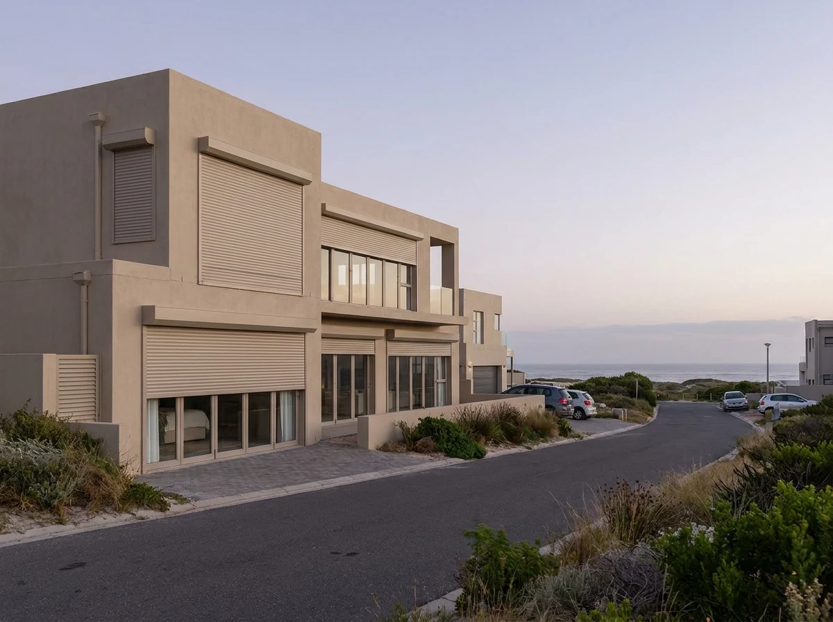 Aluminium roller shutters run down over several windows of a quiet Melkbosstrand holiday home at dusk