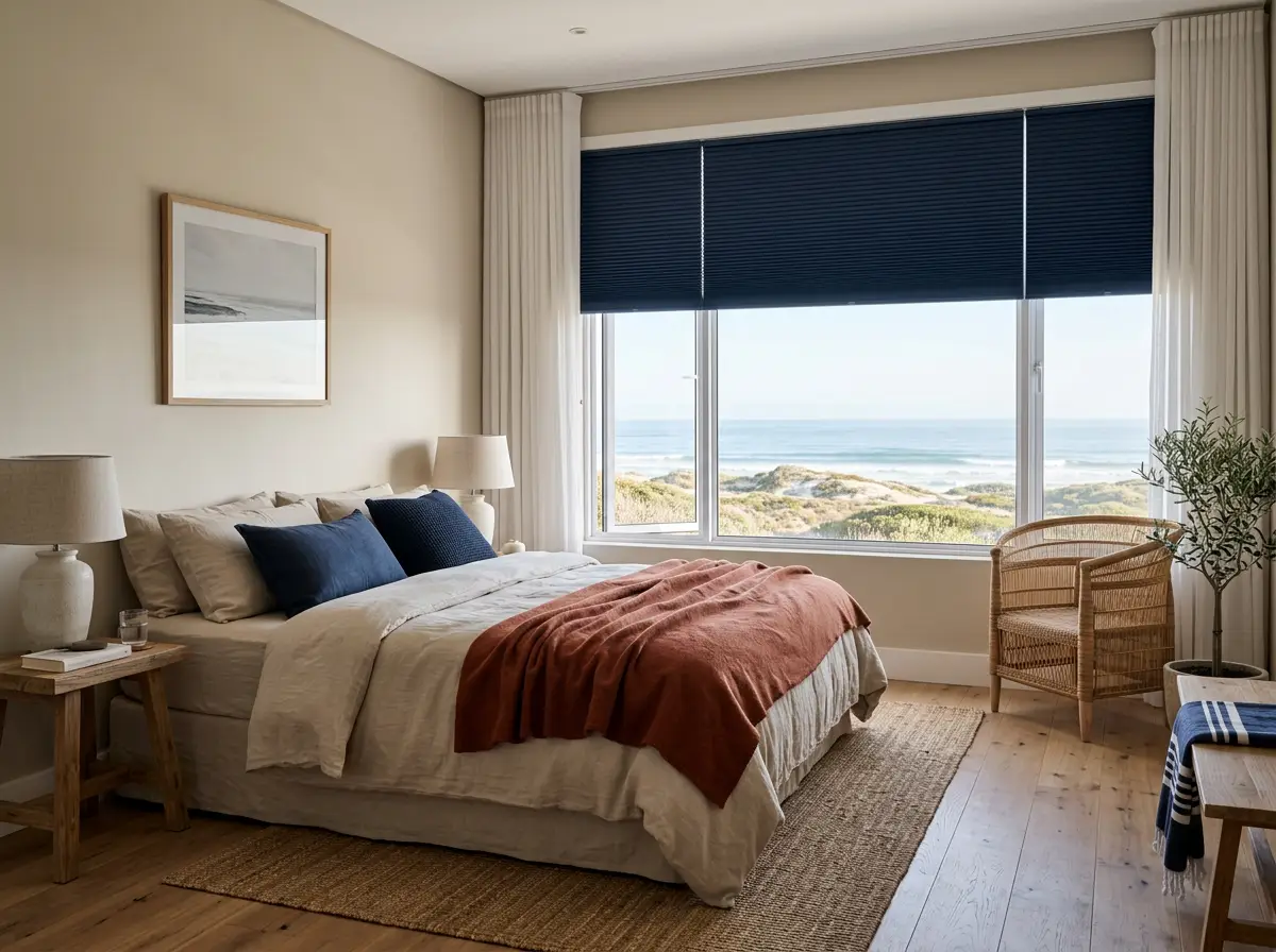 Melkbosstrand bedroom with a navy cellular blind raised partway on a dune-and-ocean-facing window