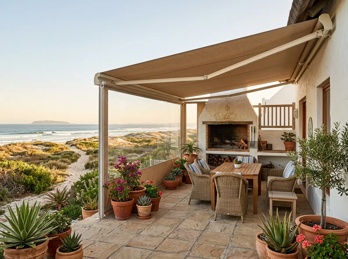 Folding-arm awning extended over a Melkbosstrand braai patio with the ocean and a distant island silhouette beyond