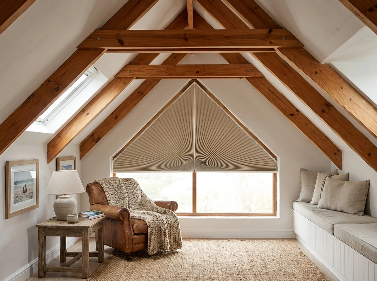Triangular shaped pleated blind fitted to a gable window in a converted Melkbosstrand cottage attic